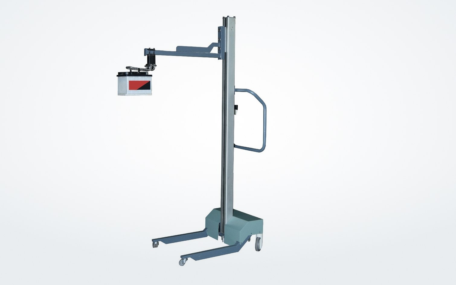 An EFS floor-guided cart on four casters, its mast and swing arm holding a vehicle battery