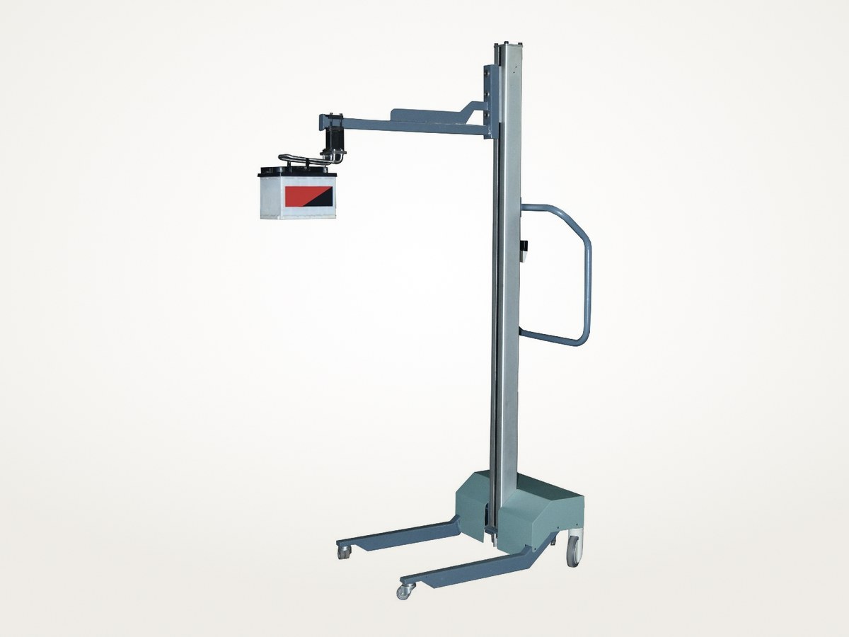 An EFS floor-guided cart on four casters, its mast and swing arm holding a vehicle battery